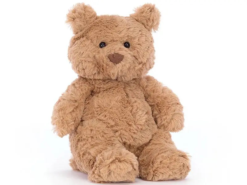 Jellycat Bartholomew Bear Tiny von vorne – kleiner, kuschelweicher Teddybär mit flauschigem braunem Fell, rundem Bäuchlein und niedlichem Gesicht.