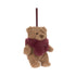 Jellycat Bartholomew Bear Winter Warmer Decoration – brauner Plüschbär mit flauschigem bordeauxrotem Schal und Aufhängeschlaufe als Weihnachtsbaumschmuck, von vorne.