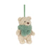 Jellycat Bartholomew Bear Jr. Winter Warmer Decoration – cremefarbener Plüschbär mit flauschigem mintgrünem Schal und grüner Aufhängeschlaufe als Weihnachtsbaumschmuck, von vorne.