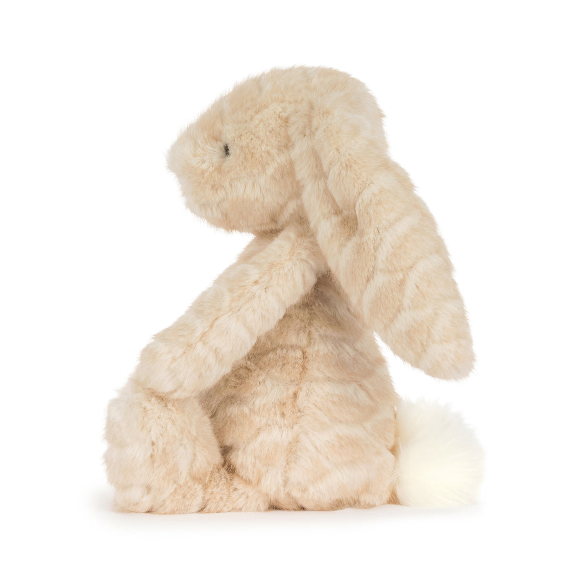 Jellycat Franilla Luxe Bunny – cremefarbener Kuschelhase mit besonders flauschigem, leicht gemustertem Fell, langen Schlappohren und rosa Nase, von der Seite.