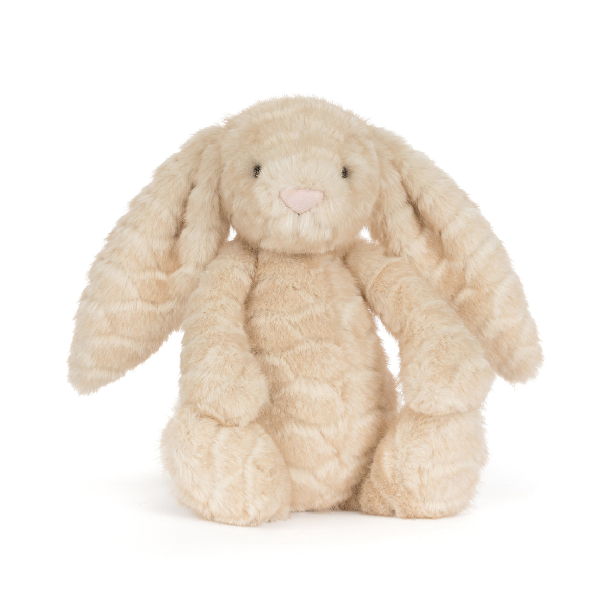 Jellycat Franilla Luxe Bunny – cremefarbener Kuschelhase mit besonders flauschigem, leicht gemustertem Fell, langen Schlappohren und rosa Nase, von vorne.