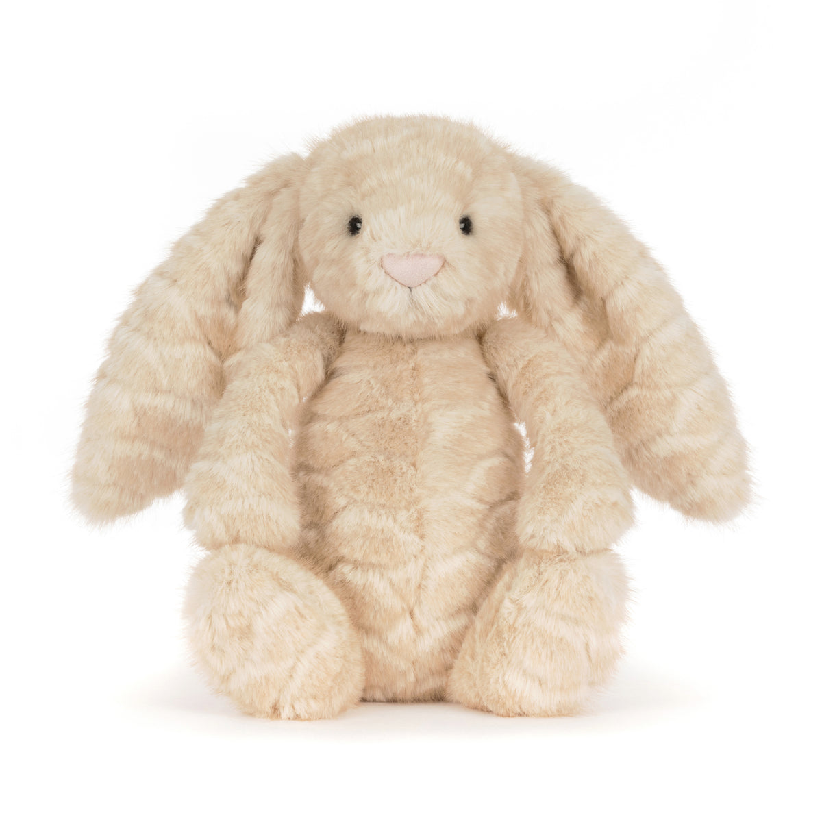 Jellycat Franilla Luxe Bunny – cremefarbener Kuschelhase mit besonders flauschigem, leicht gemustertem Fell, langen Schlappohren und rosa Nase, von vorne.