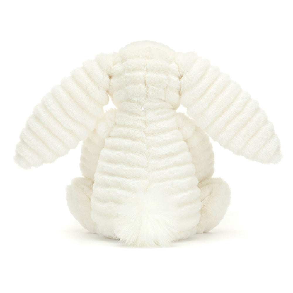 Rückansicht: Jellycat Bashful Luxe Bunny Nimbus, weißer Plüschhase mit leicht welligem Fell, langen Hängeohren, rosa Näschen und extra flauschigem Puschelschwänzchen