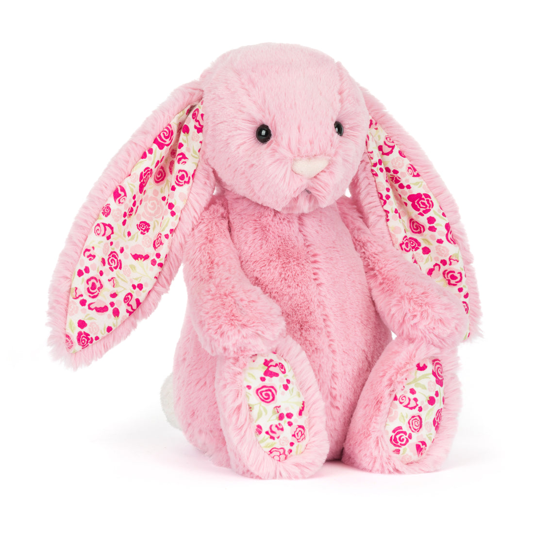 Jellycat Blushkin Blossom Luxe Bunny, kuscheliger Plüsch-Hase in Rosa mit Rosenmotiven an Ohren und Füßen