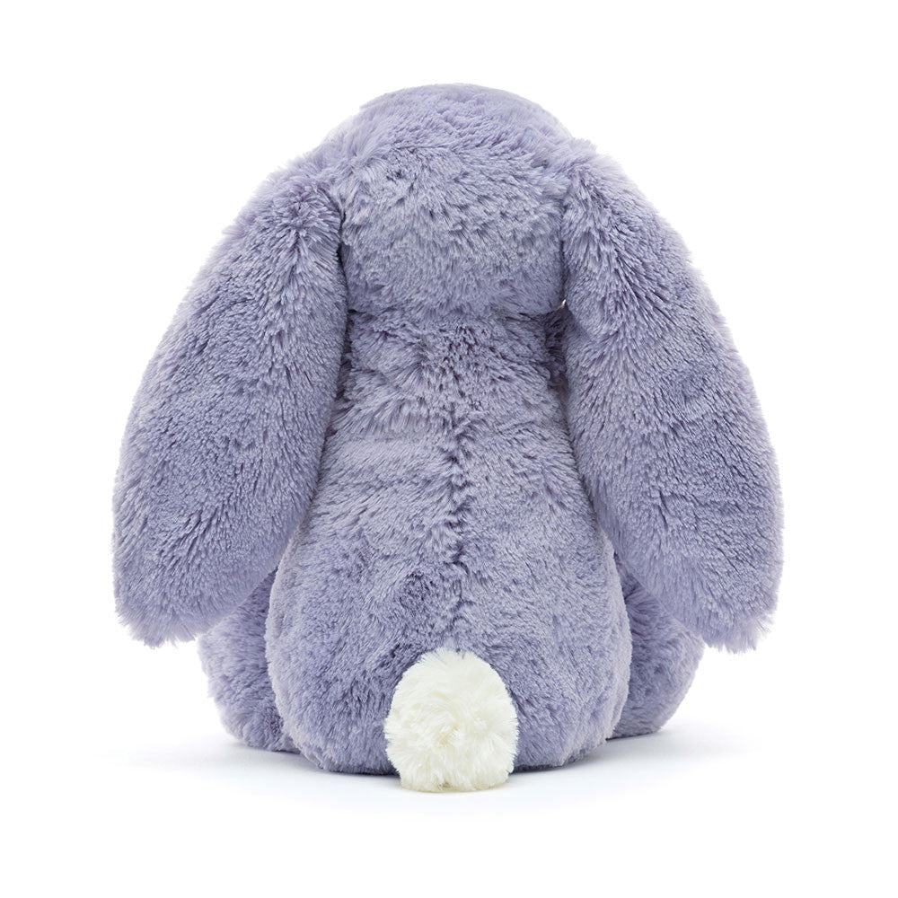 Rückansicht: Jellycat Bashful Viola Bunny, violetter Plüschhase mit langen Hängeohren, weißem flauschigem Schwänzchen und niedlichem Gesicht