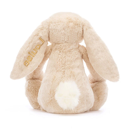 Rückansicht: Jellycat Bashful Luxe Bunny Willow Kuschelhase in Creme-Beige mit langen Hängeohren und flauschigem, weißen Schwänzchen