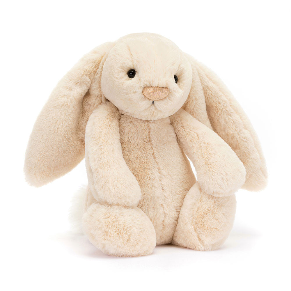 Vorderansicht: Jellycat Bashful Luxe Bunny Willow Kuschelhase in Creme-Beige mit langen Hängeohren und flauschigem, weißen Schwänzchen
