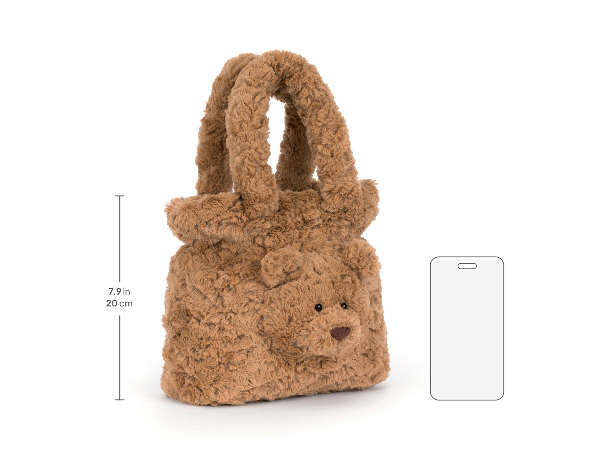 Jellycat Bartholomew Bear Handtasche mit Größenangaben und Maßen der Plüschtasche