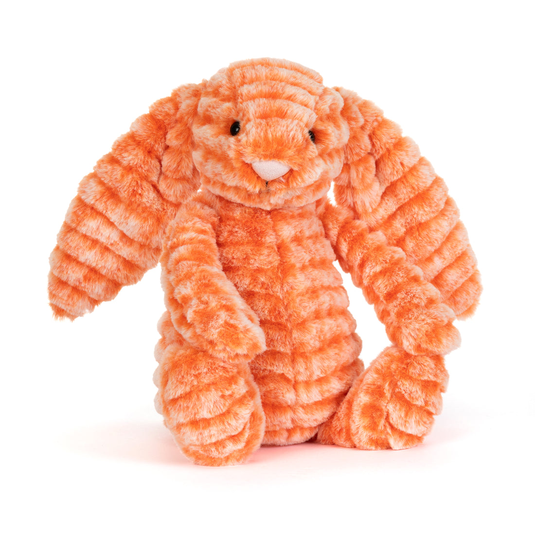 Vorderansicht: Jellycat Fizzleskip Bunny in knalligem Orange mit welligem Plüsch, Hängeohren