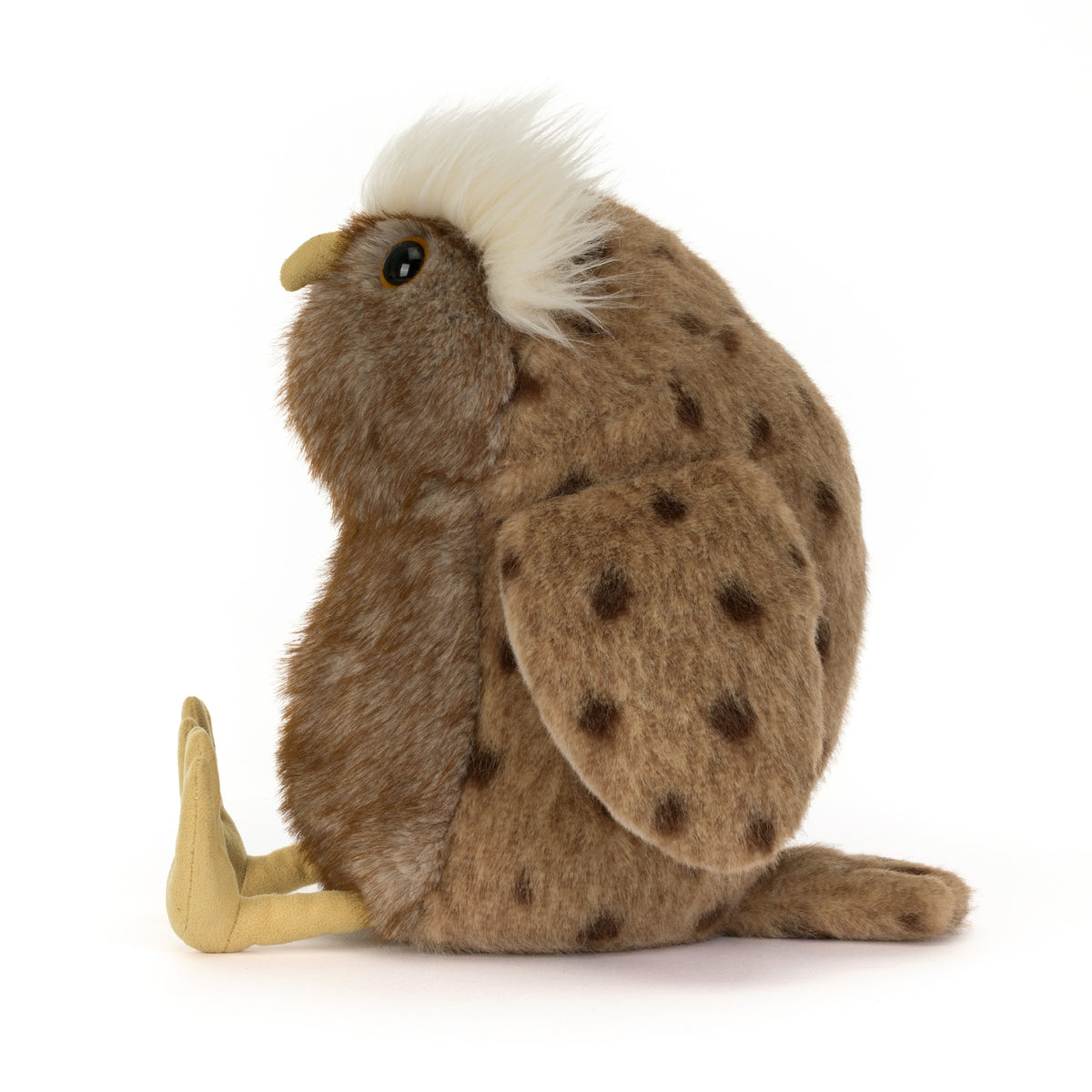 Jellycat Tawoola Owl – braune Kuscheleule mit flauschigem weißem Federkranz, gepunkteten Flügeln, gelbem Schnabel und großen gelben Füßen, von der Seite.