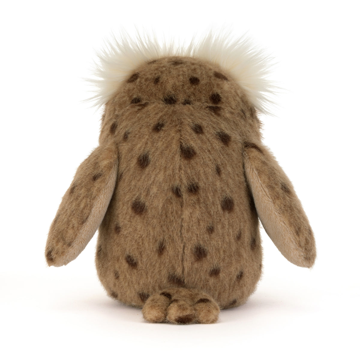 Jellycat Tawoola Owl – braune Kuscheleule mit flauschigem weißem Federkranz, gepunkteten Flügeln und großen gelben Füßen, von hinten.