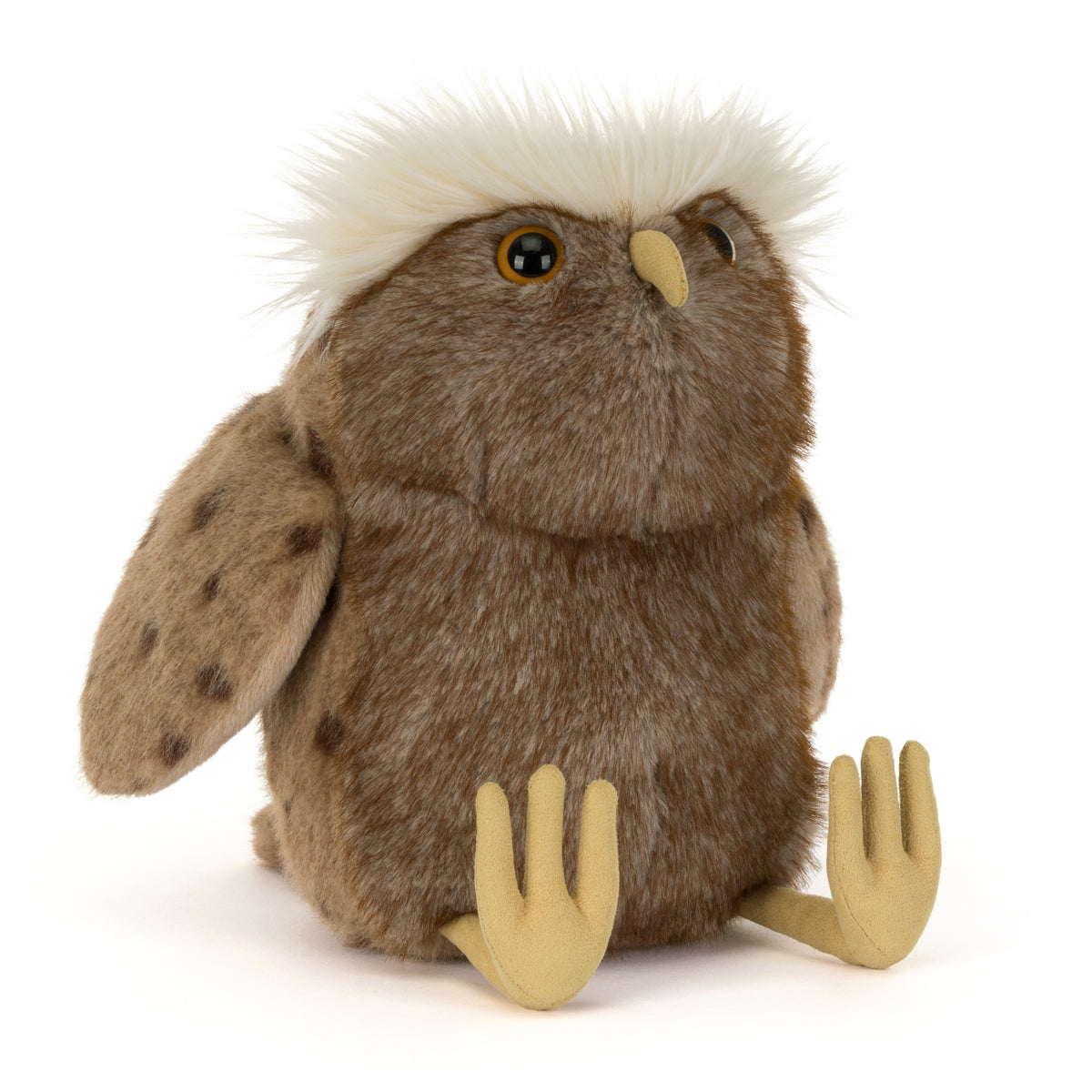 Jellycat Tawoola Owl – braune Kuscheleule mit flauschigem weißem Federkranz, gepunkteten Flügeln, gelbem Schnabel und großen gelben Füßen, von vorne.