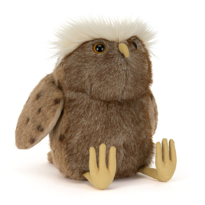 Jellycat Tawoola Owl – braune Kuscheleule mit flauschigem weißem Federkranz, gepunkteten Flügeln, gelbem Schnabel und großen gelben Füßen, von vorne.