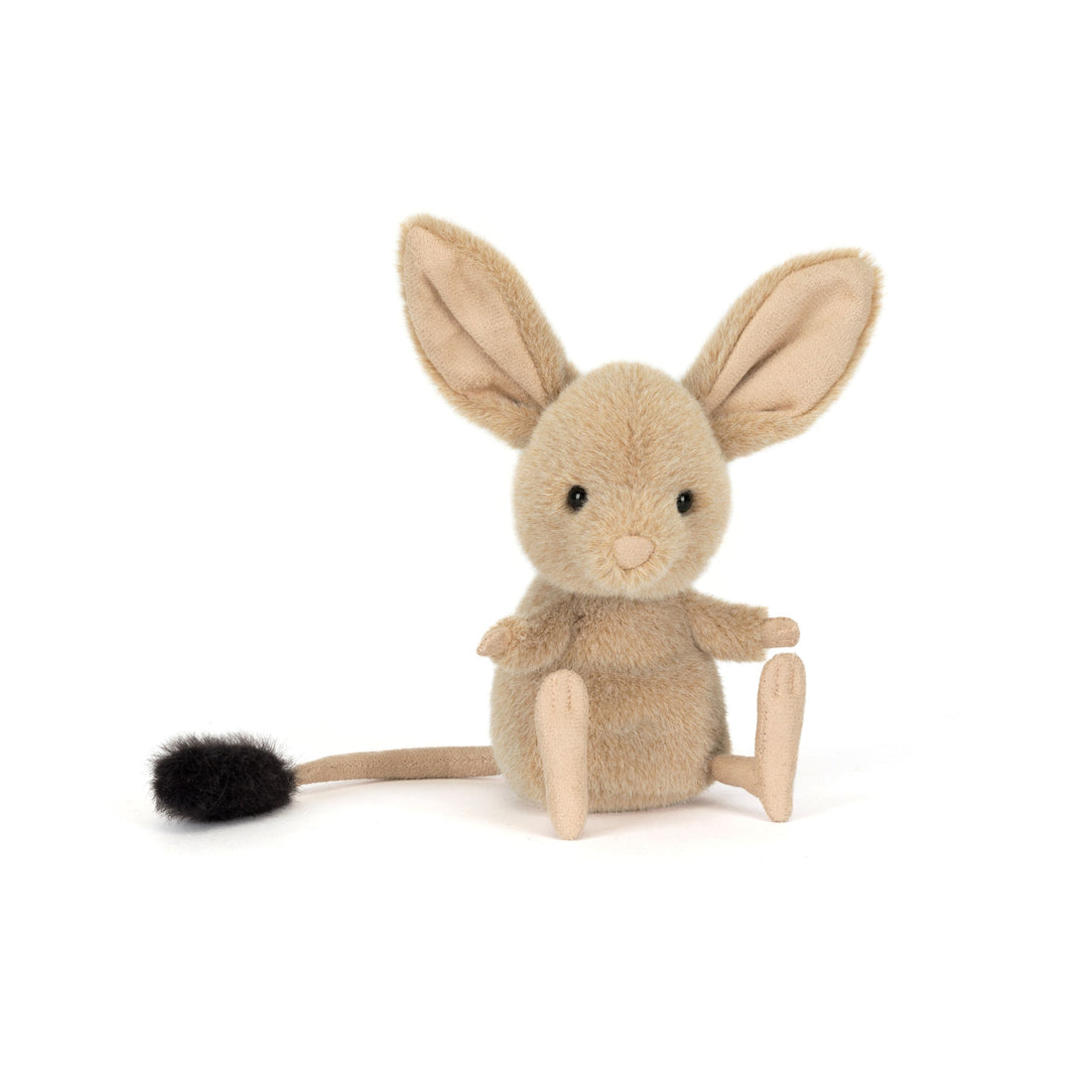 Jellycat Jerboa Kuscheltier sitzend, mit ausgestreckten Füßchen, langen Ohren und flauschigem Schwanz
