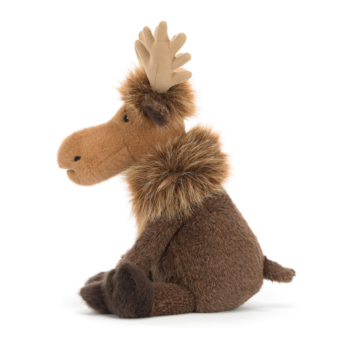 Jellycat Birchly Moose – brauner Kuschelelch mit großem beigefarbenem Geweih, flauschiger Mähne, langer Schnauze und großen Plüschfüßen, von der Seite.