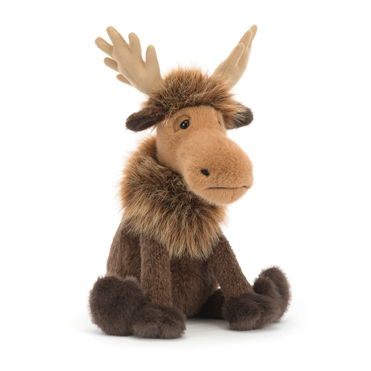 Jellycat Birchly Moose – brauner Kuschelelch mit großem beigefarbenem Geweih, flauschiger Mähne, langer Schnauze und großen Plüschfüßen, von vorne.