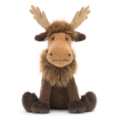 Jellycat Birchly Moose – brauner Kuschelelch mit großem beigefarbenem Geweih, flauschiger Mähne, langer Schnauze und großen Plüschfüßen, von vorne.