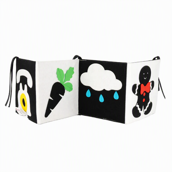 Baby Faltbuch Farbfunken schwarz weiß mit Farbakzenten aus Filz Jolly Designs