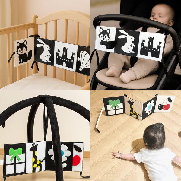 Baby Faltbuch Farbfunken schwarz weiß mit Farbakzenten aus Filz Jolly Designs