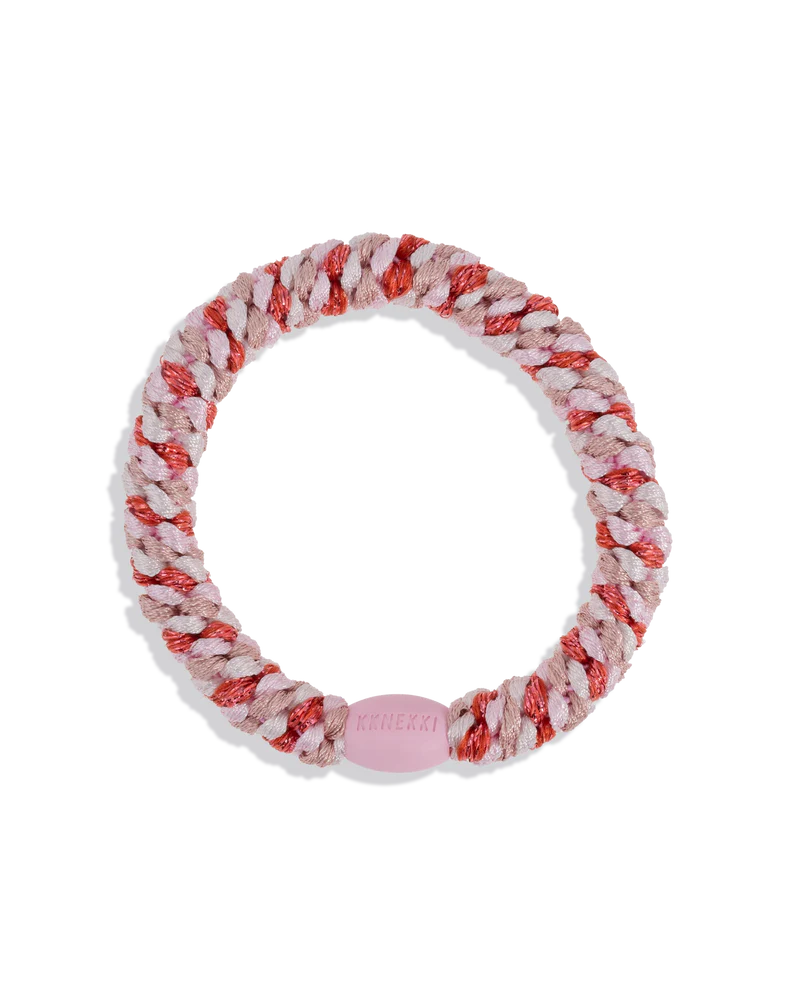 KKNEKKI Haargummi Mix Pomerant Pink Glitter – geflochtenes Premium Haargummi fürs Handgelenk als Armband