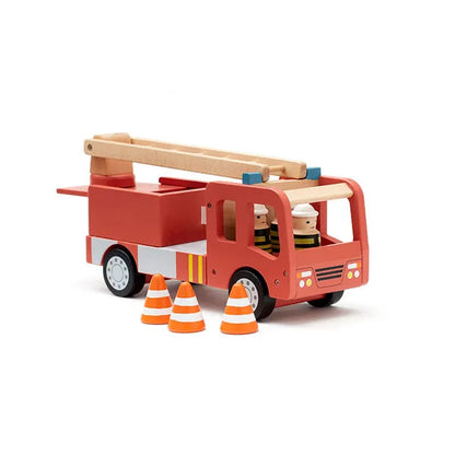Holz-Feuerwehrauto für Kinder mit beweglichen Rädern im schlichten Design, geeignet für fantasievolles Rollenspiel ab ca. 3 Jahren.