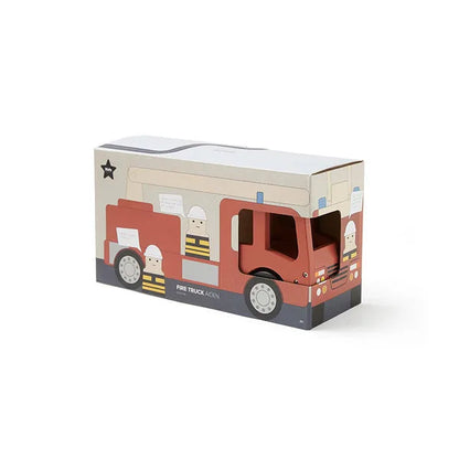 Holz-Feuerwehrauto für Kinder mit beweglichen Rädern im schlichten Design, geeignet für fantasievolles Rollenspiel ab ca. 3 Jahren.