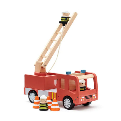 Holz-Feuerwehrauto für Kinder mit beweglichen Rädern im schlichten Design, geeignet für fantasievolles Rollenspiel ab ca. 3 Jahren.