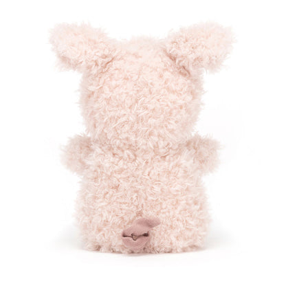 Rückansicht: Jellycat Little Pig – sitzendes rosa Schweinchen-Kuscheltier mit kleinen Ferkelfüßchen, Ringelschwänzchen und zierlichem Rüssel.