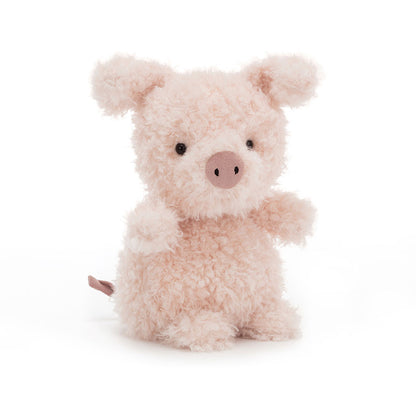 Vorderansicht: Jellycat Little Pig – sitzendes rosa Schweinchen-Kuscheltier mit kleinen Ferkelfüßchen, Ringelschwänzchen und zierlichem Rüssel