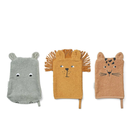 3er-Set Waschlappen Sylvester bestehend aus Nilpferd, Löwe und Tiger. Aus 100% Bio-Baumwolle von Liewood.