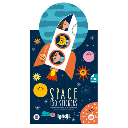 londji Sticker-Set "SPACE STICKERS" mit 150 lösbaren Aufklebern und Hintergrund zum Bekleben