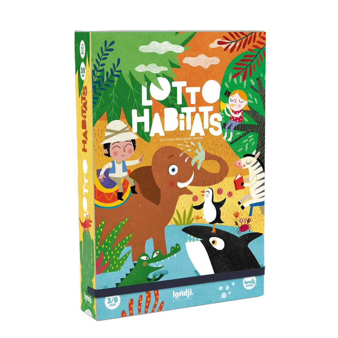 Familienspiel Habitats Lotto von londji mit liebevoll illustrierten Tierplättchen und Spieltafeln zu Lebensräumen