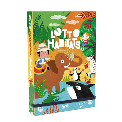 Familienspiel Habitats Lotto von londji mit liebevoll illustrierten Tierplättchen und Spieltafeln zu Lebensräumen