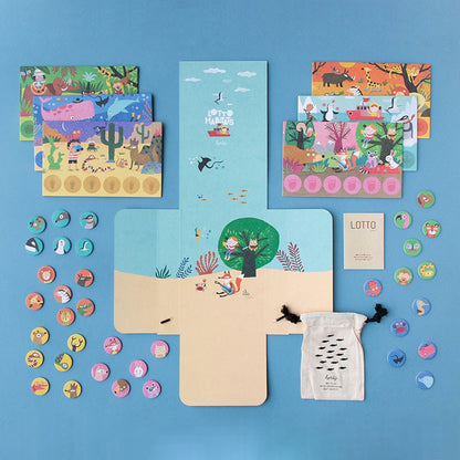 Familienspiel Habitats Lotto von londji mit liebevoll illustrierten Tierplättchen und Spieltafeln zu Lebensräumen