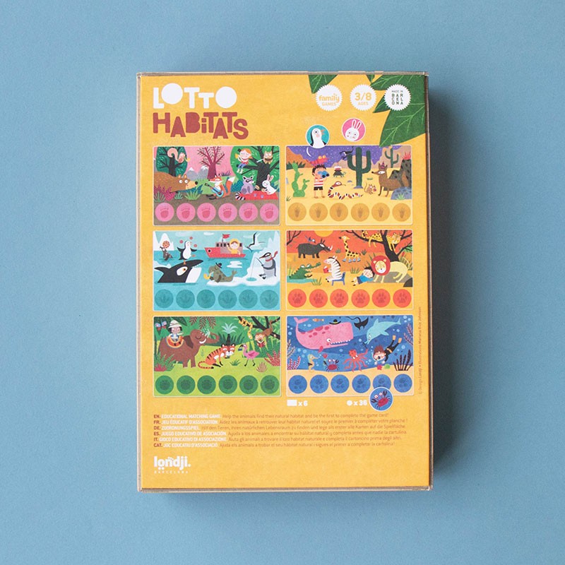 Familienspiel Habitats Lotto von londji mit liebevoll illustrierten Tierplättchen und Spieltafeln zu Lebensräumen