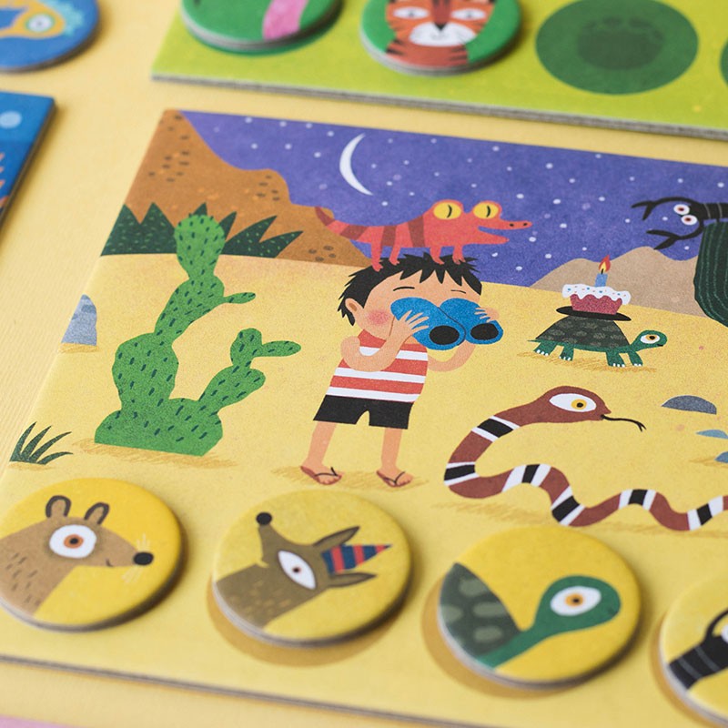 Familienspiel Habitats Lotto von londji mit liebevoll illustrierten Tierplättchen und Spieltafeln zu Lebensräumen