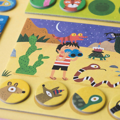 Familienspiel Habitats Lotto von londji mit liebevoll illustrierten Tierplättchen und Spieltafeln zu Lebensräumen