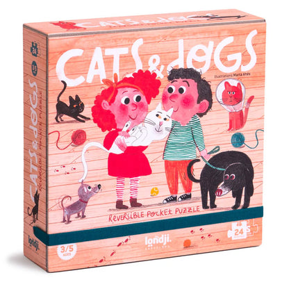 londji Pocket-Puzzle „Cats and Dogs“ ab 3 J., 24 Teile, Wendepuzzle für kleine Tierfreunde
