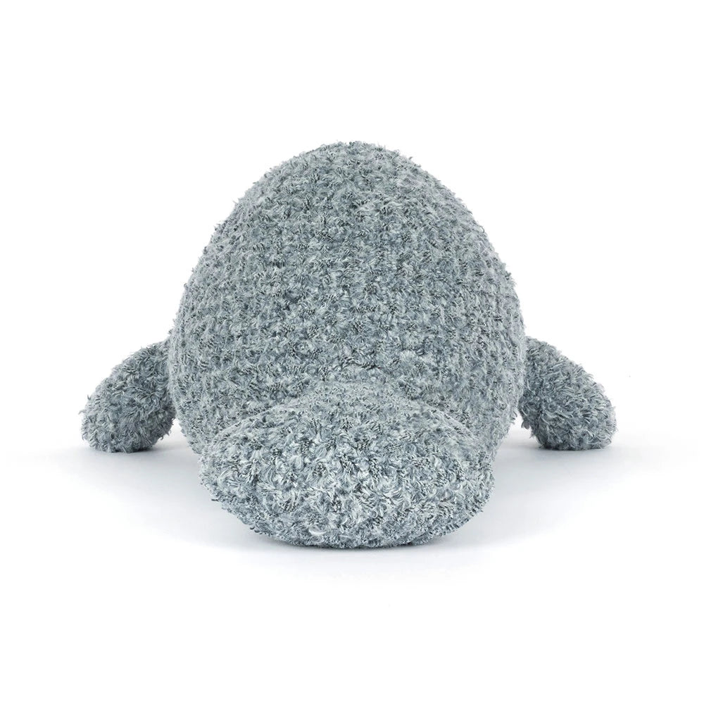 Jellycat Maffles Manatee Kuschel-Seekuh in Grau mit rundem Körper und verträumtem Gesicht