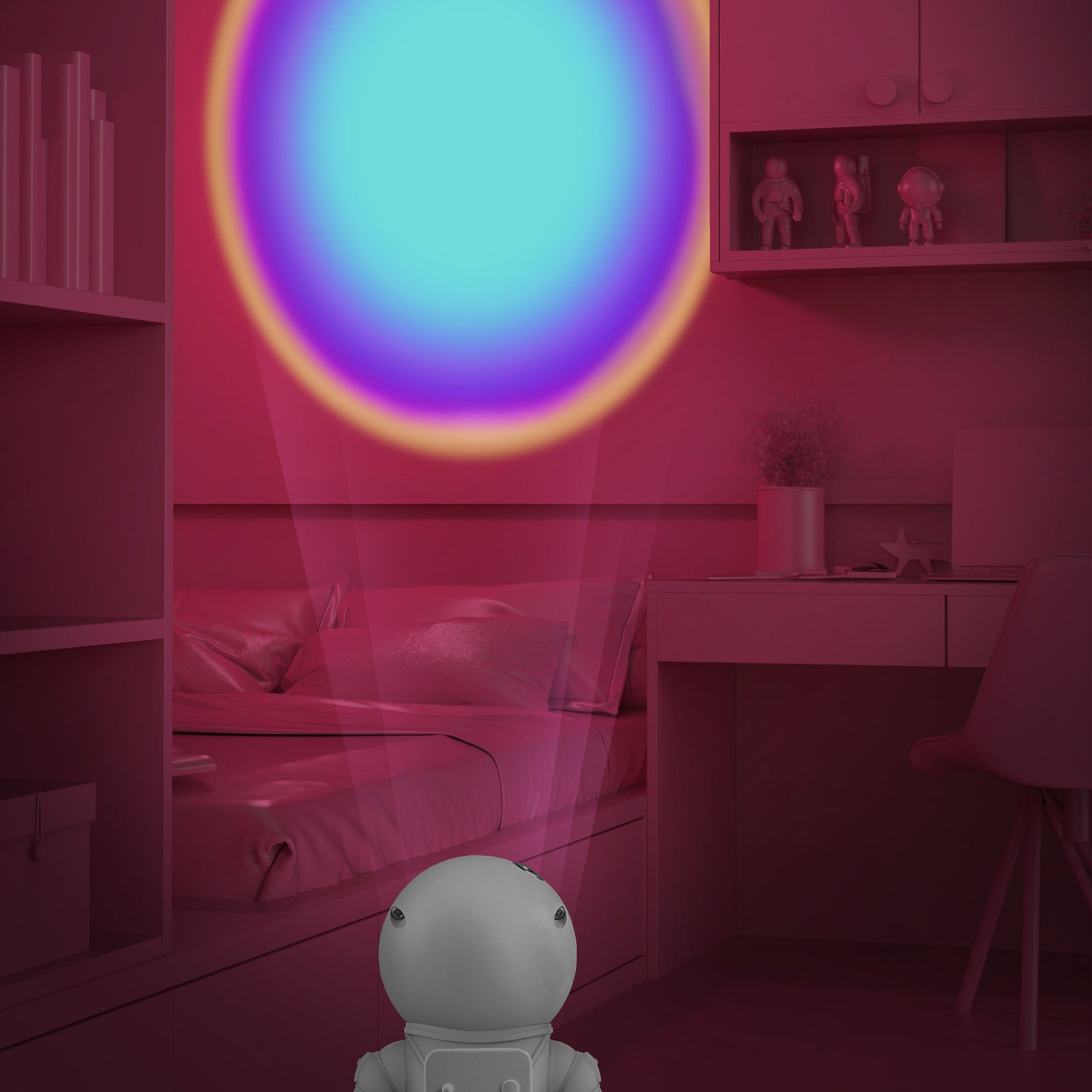 Der kleine Astronaut von MOB strahlt Regenbogenfarben an die Wand.