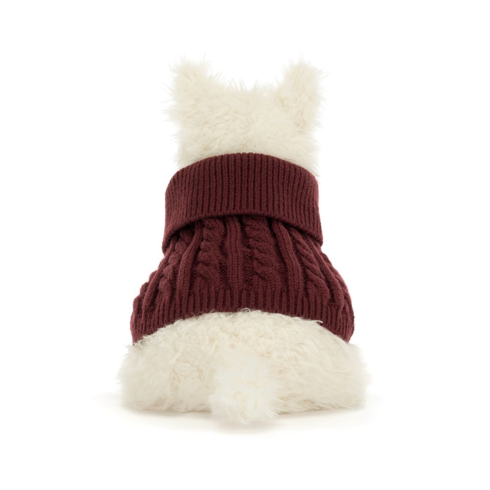 Jellycat Munro Scottie Dog Winter Jumper, weißer Plüschhund mit bordeauxrotem Strickpullover, sitzend von hinten