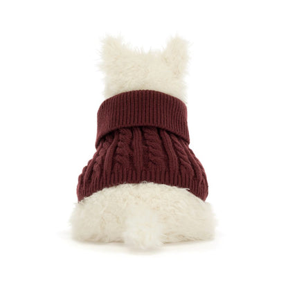 Jellycat Munro Scottie Dog Winter Jumper, weißer Plüschhund mit bordeauxrotem Strickpullover, sitzend von hinten
