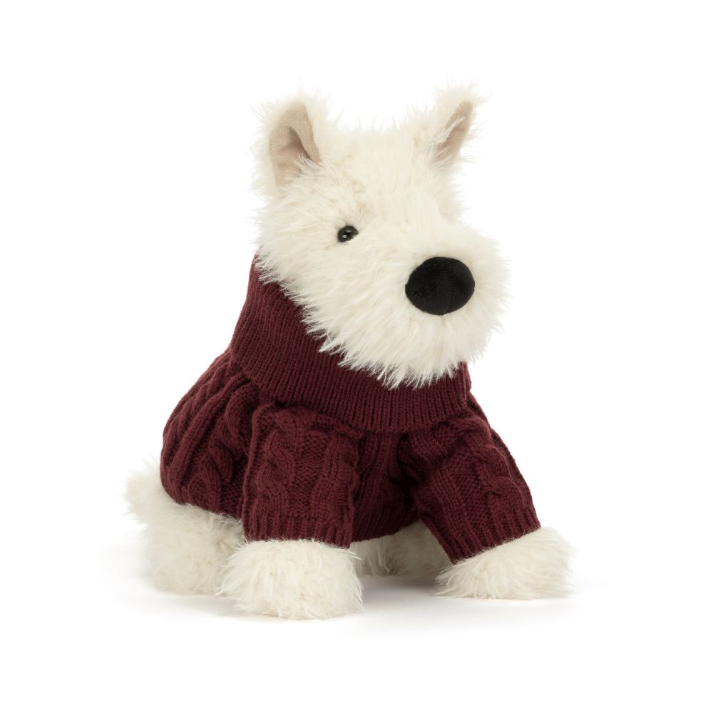 Jellycat Munro Scottie Dog Winter Jumper, weißer Plüschhund mit bordeauxrotem Strickpullover, sitzend von vorne