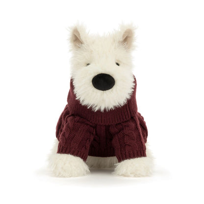 Jellycat Munro Scottie Dog Winter Jumper, weißer Plüschhund mit bordeauxrotem Strickpullover, sitzend von vorne