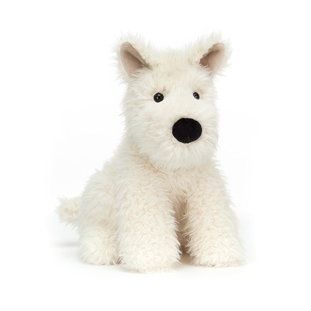 Vorderansicht: Jellycat Munro Scottie Dog, sitzender weißer Plüschhund mit niedlichem Gesicht und kleinen schwarzen Knopfauge