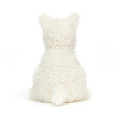 Rückansicht: Jellycat Munro Scottie Dog, sitzender weißer Plüschhund mit niedlichem Gesicht und kleinen schwarzen Knopfauge