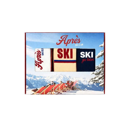 Unisex Socken Geschenkset APRÈS SKI von No Bad Days Club mit drei Paar Socken in einer Geschenkbox mit winterlichem Retro-Skidesign.