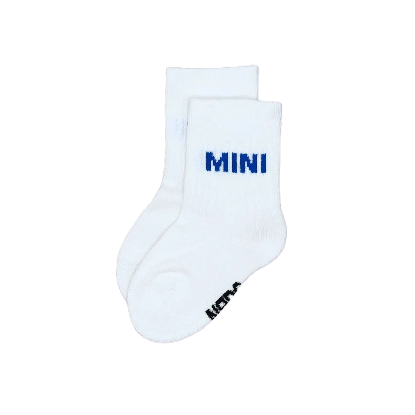 Babysocken "Mini" in Weiß mit blauem Schriftzug, aus Bio-Baumwolle, 0–1 Jahre. Tolles Geburtsgeschenk.