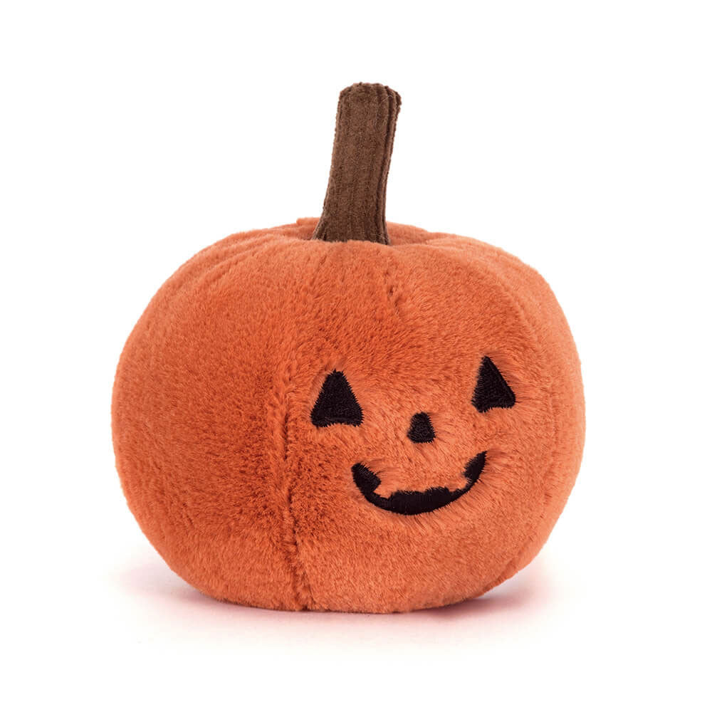 Jellycat Ooky Jack O Lantern orangener Plüsch-Kürbis von vorne mit braunem Stängel und gruseligem Halloween-Lachgesicht