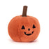 Jellycat Ooky Jack O Lantern orangener Plüsch-Kürbis von vorne mit braunem Stängel und gruseligem Halloween-Lachgesicht